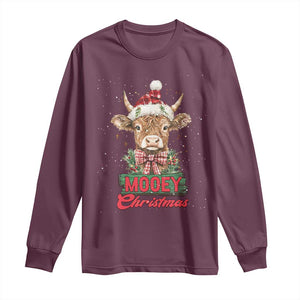 Funny Christmas Highland Cow Long Sleeve Shirt Mooey Christmas Western Cow Santa Hat TS11 Maroon Print Your Wear