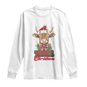 Funny Christmas Highland Cow Long Sleeve Shirt Mooey Christmas Western Cow Santa Hat TS11 White Print Your Wear