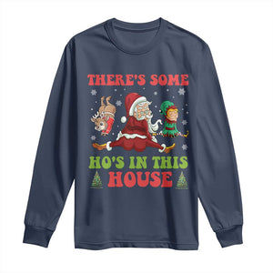 Funny Christmas Naughty Santa Long Sleeve Shirt There's Some Ho's In This House Elf Reindeers TS11 Navy Print Your Wear