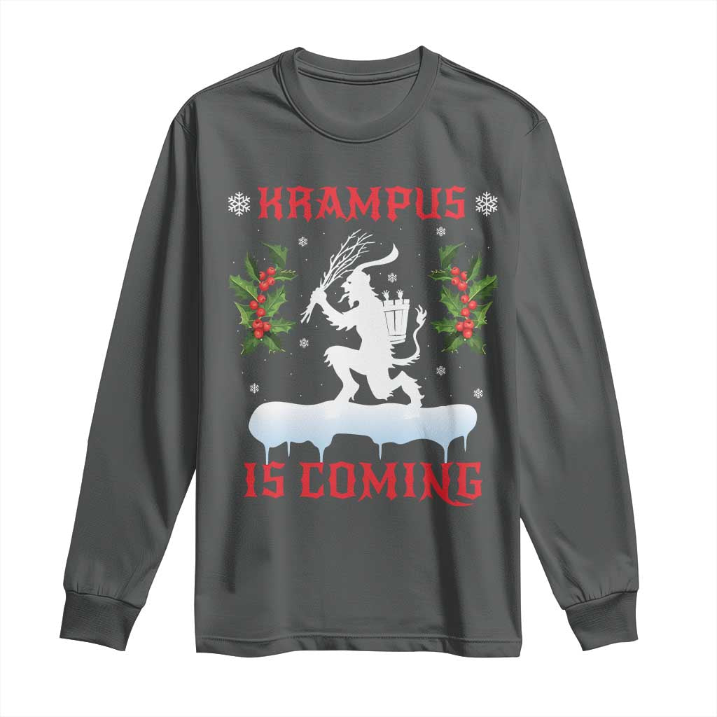 Funny Christmas Yule Krampus Is Coming Mistletoe Long Sleeve Shirt TS11 Dark Heather Print Your Wear