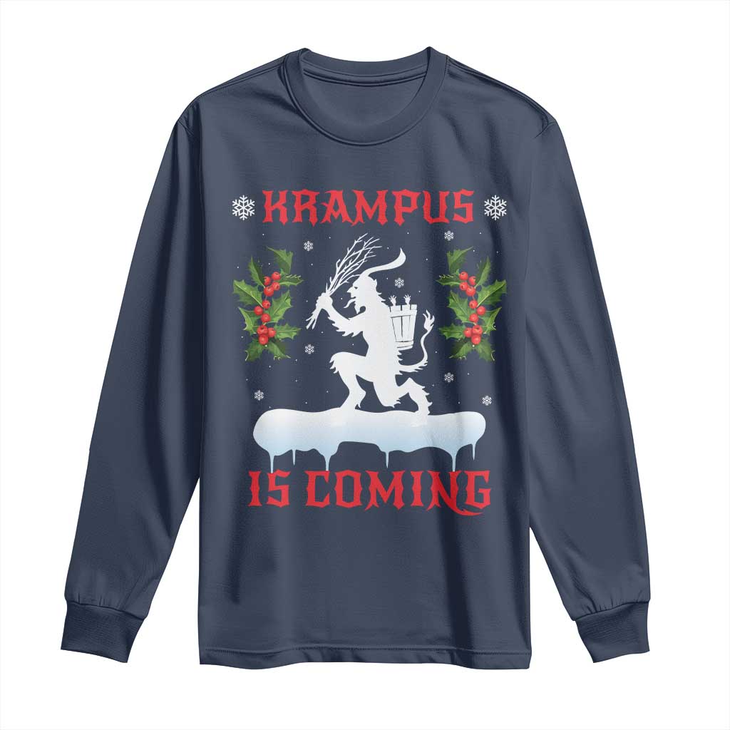 Funny Christmas Yule Krampus Is Coming Mistletoe Long Sleeve Shirt TS11 Navy Print Your Wear