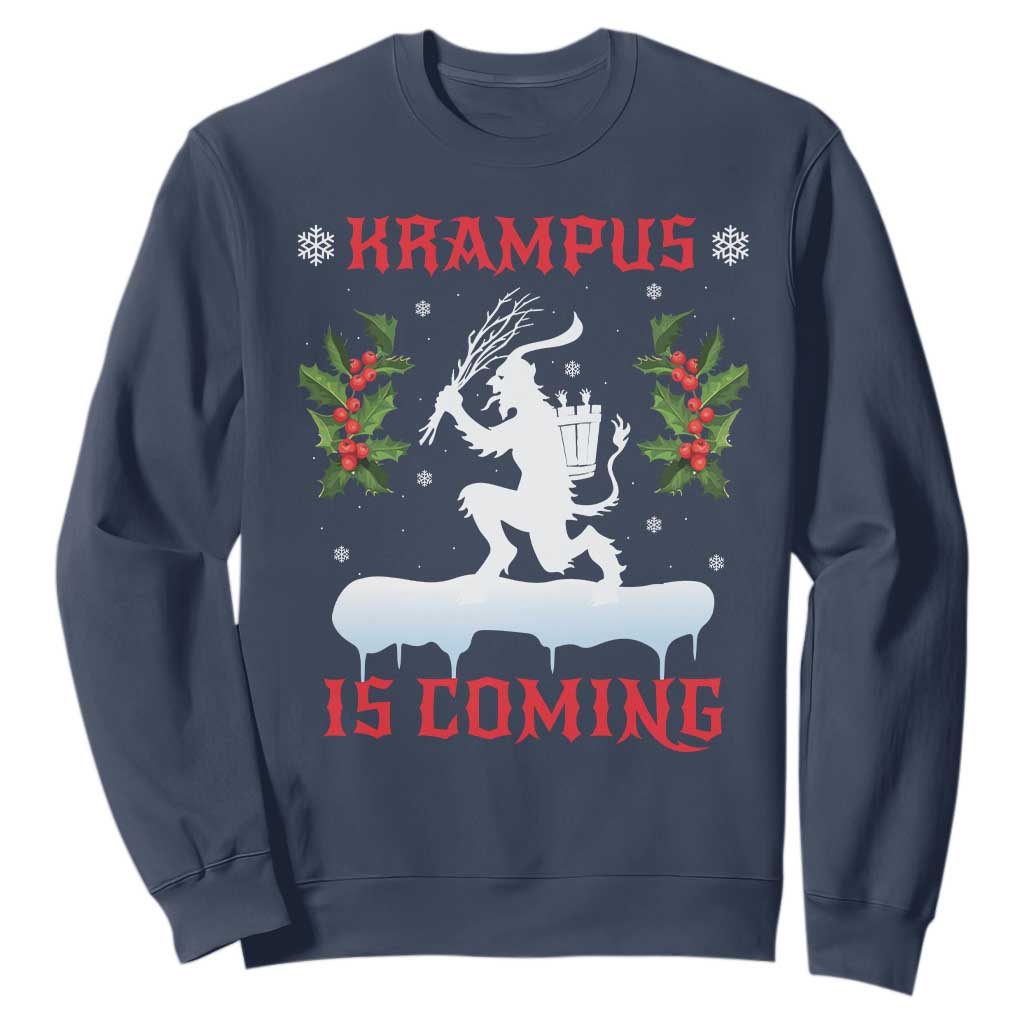 Funny Christmas Yule Krampus Is Coming Mistletoe Sweatshirt TS11 Navy Print Your Wear