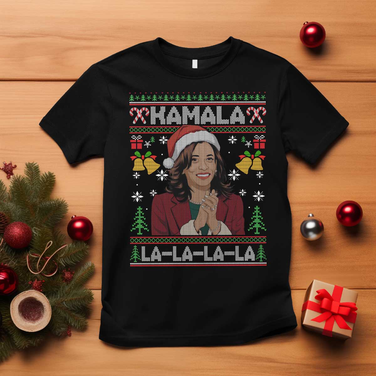 Funny Harris Christmas T Shirt Kamala La La La La Ugly Santa Hat Xmas TS11 Black Print Your Wear