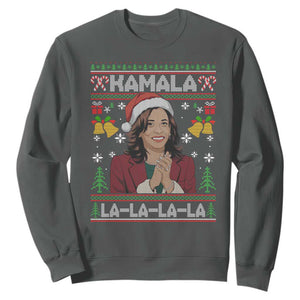 Funny Harris Christmas Sweatshirt Kamala La La La La Ugly Santa Hat Xmas TS11 Dark Heather Print Your Wear