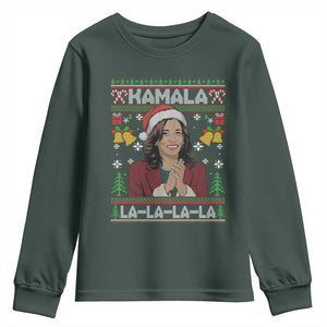 Funny Harris Christmas Youth Sweatshirt Kamala La La La La Ugly Santa Hat Xmas TS11 Dark Forest Green Print Your Wear