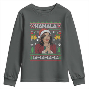 Funny Harris Christmas Youth Sweatshirt Kamala La La La La Ugly Santa Hat Xmas TS11 Dark Heather Print Your Wear