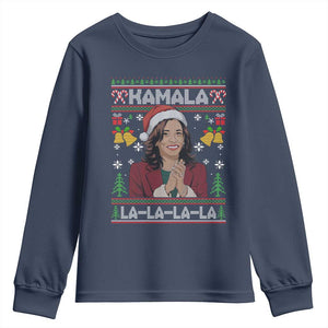 Funny Harris Christmas Youth Sweatshirt Kamala La La La La Ugly Santa Hat Xmas TS11 Navy Print Your Wear