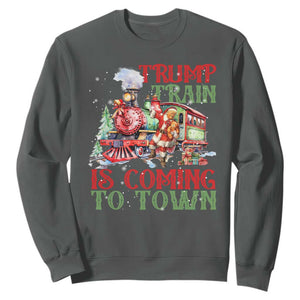 Trump Christmas Sweatshirt Trump Train Is Coming To Town Xmas TS11 Dark Heather Print Your Wear