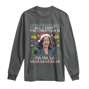 Funny Harris Christmas Long Sleeve Shirt All I Want For Xmas Is Kamala La La La TS11 Dark Heather Print Your Wear