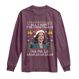 Funny Harris Christmas Long Sleeve Shirt All I Want For Xmas Is Kamala La La La TS11 Maroon Print Your Wear