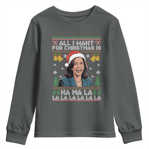 Funny Harris Christmas Youth Sweatshirt All I Want For Xmas Is Kamala La La La TS11 Dark Heather Print Your Wear