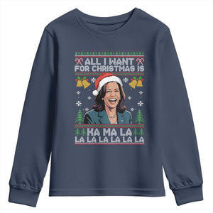 Funny Harris Christmas Youth Sweatshirt All I Want For Xmas Is Kamala La La La TS11 Navy Print Your Wear