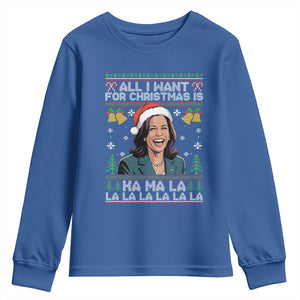 Funny Harris Christmas Youth Sweatshirt All I Want For Xmas Is Kamala La La La TS11 Royal Blue Print Your Wear