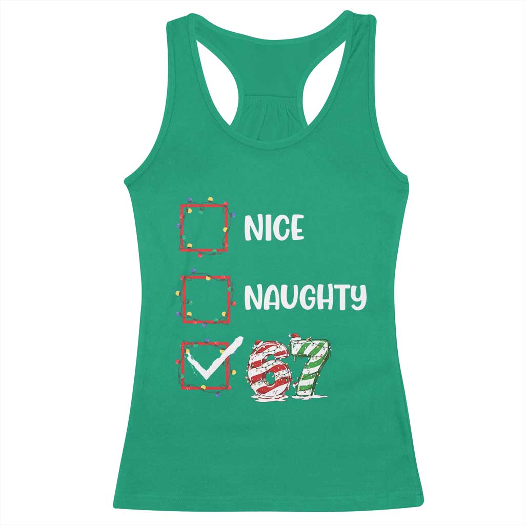 Funny Nice Naughty 67 Racerback Tank Top Christmas Six Seven Meme Brainrot TS11 Irish Green Print Your Wear