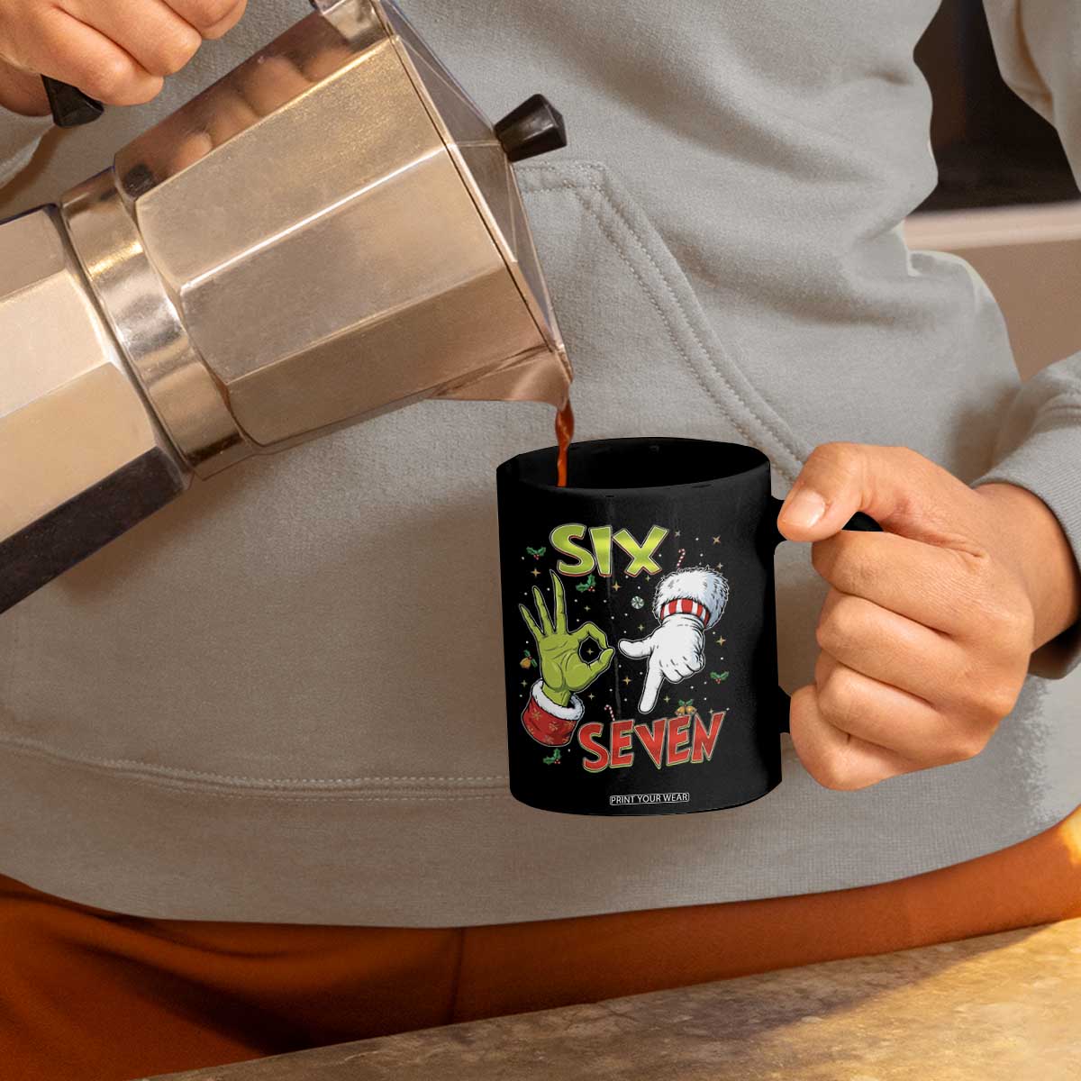Funny Six Seven Christmas Coffee Mug 67 Meme Xmas Santa Elf Hand Gen Alpha TS11 Print Your Wear