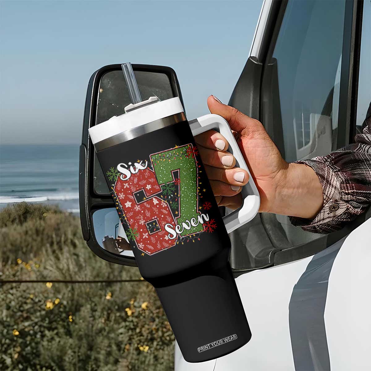 67 Christmas Tumbler With Handle Funny Six Seven Meme Gen Alpha Slang Snowflake TS11 Print Your Wear