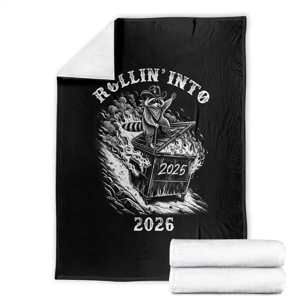 Funny Cowboy Raccoon Rollin Into 2026 Throw Blanket New Year Dumpster Fire 2026 Rodeo TS11 Black Print Your Wear