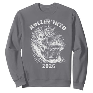 Funny Cowboy Raccoon Rollin Into 2026 Sweatshirt New Year Dumpster Fire 2026 Rodeo TS11 Charcoal Print Your Wear