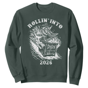 Funny Cowboy Raccoon Rollin Into 2026 Sweatshirt New Year Dumpster Fire 2026 Rodeo TS11 Dark Forest Green Print Your Wear