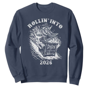 Funny Cowboy Raccoon Rollin Into 2026 Sweatshirt New Year Dumpster Fire 2026 Rodeo TS11 Navy Print Your Wear