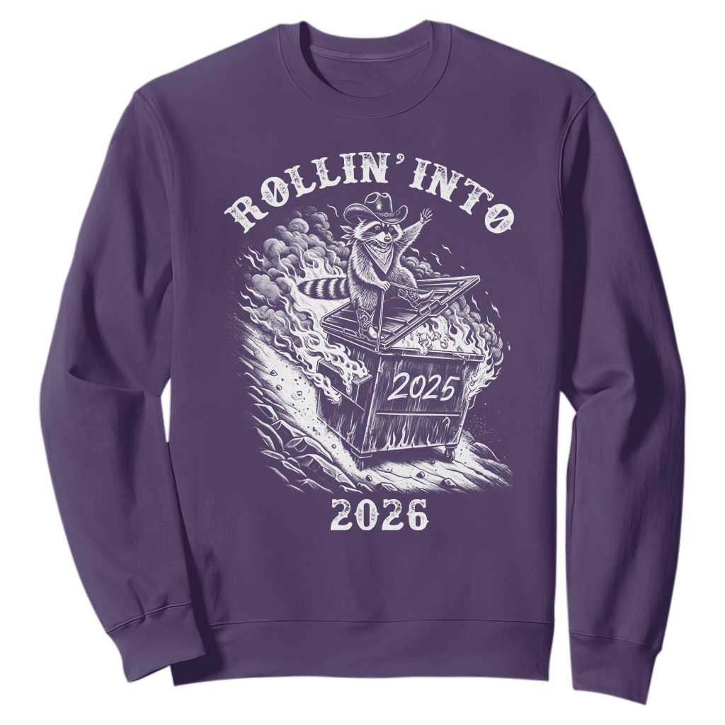Funny Cowboy Raccoon Rollin Into 2026 Sweatshirt New Year Dumpster Fire 2026 Rodeo TS11 Purple Print Your Wear