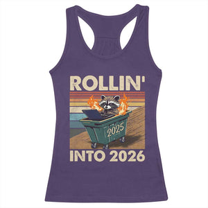 Funny Raccoon Rollin Into 2026 Racerback Tank Top New Year Dumpster Fire TS11 Purple Print Your Wear