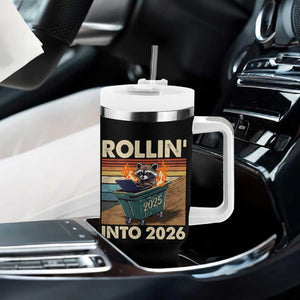 Funny Raccoon Rollin Into 2026 Tumbler With Handle New Year Dumpster Fire TS11 Print Your Wear