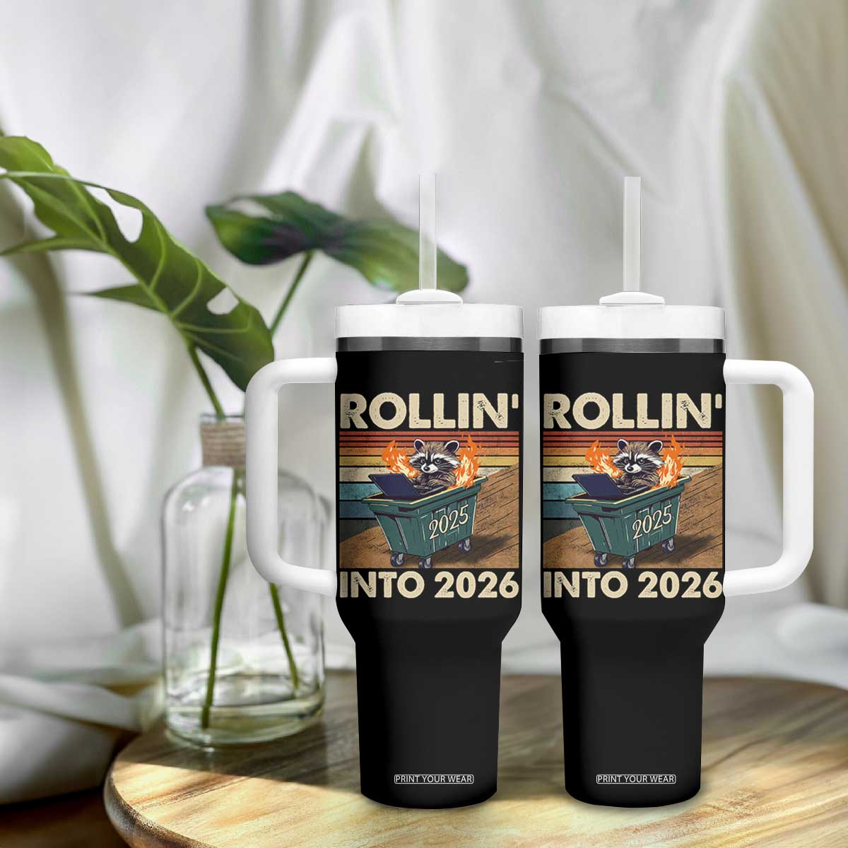 Funny Raccoon Rollin Into 2026 Tumbler With Handle New Year Dumpster Fire TS11 Print Your Wear