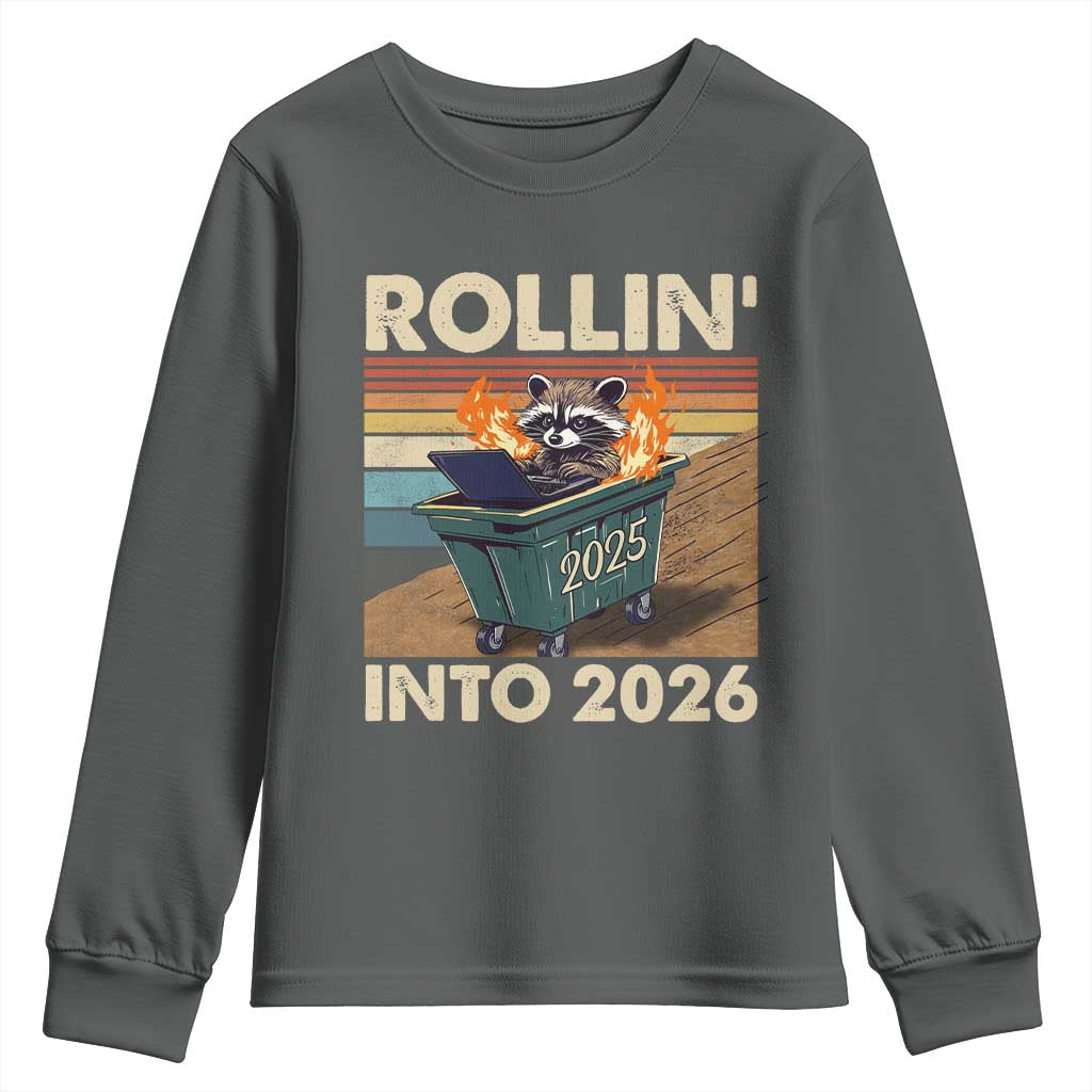 Funny Raccoon Rollin Into 2026 Youth Sweatshirt New Year Dumpster Fire TS11 Dark Heather Print Your Wear