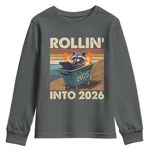 Funny Raccoon Rollin Into 2026 Youth Sweatshirt New Year Dumpster Fire TS11 Dark Heather Print Your Wear