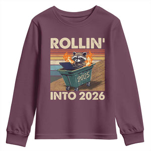 Funny Raccoon Rollin Into 2026 Youth Sweatshirt New Year Dumpster Fire TS11 Maroon Print Your Wear