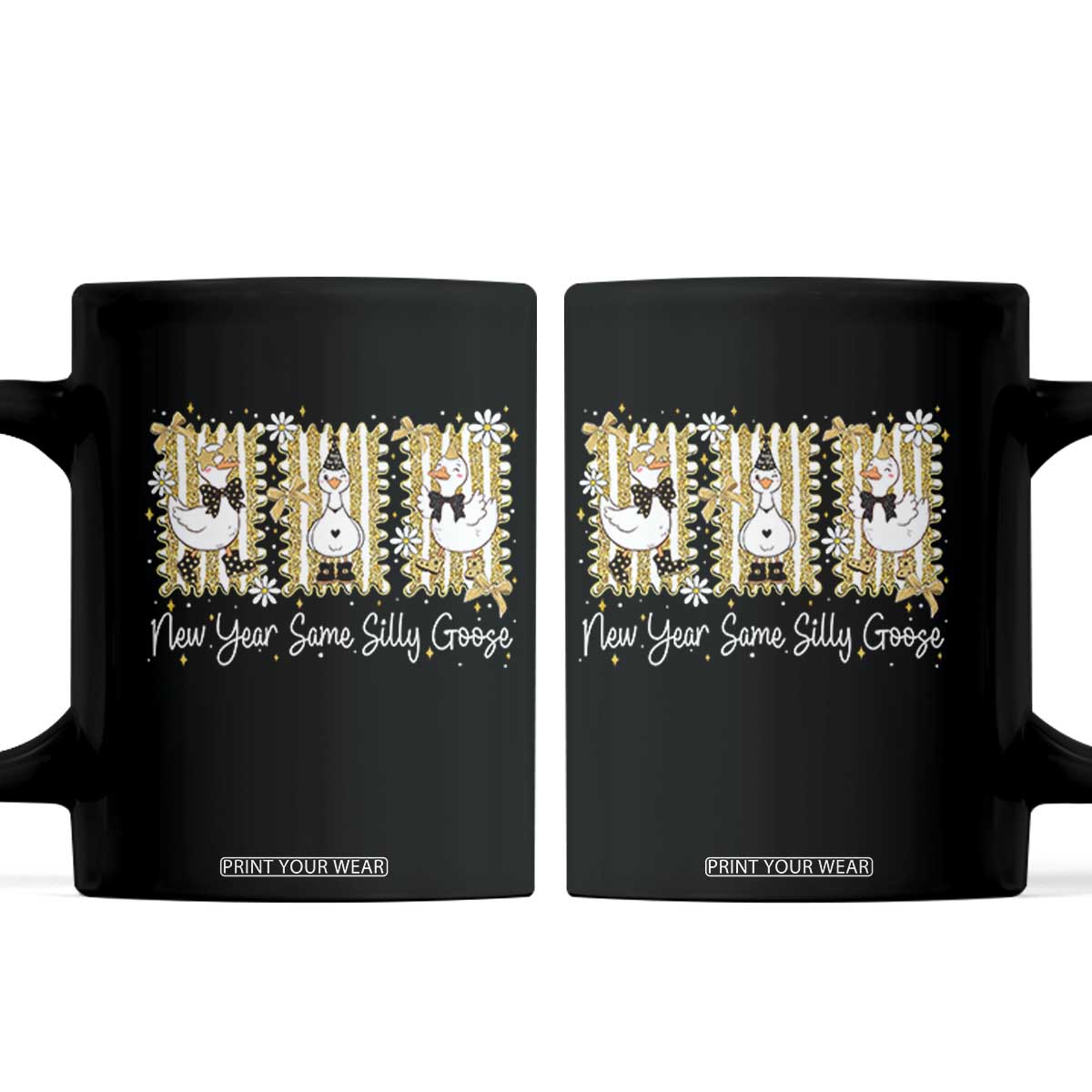 Funny New Year Same Silly Goose Coffee Mug New Year Eve Goose Squad Faux Glitter TS11 Black Print Your Wear
