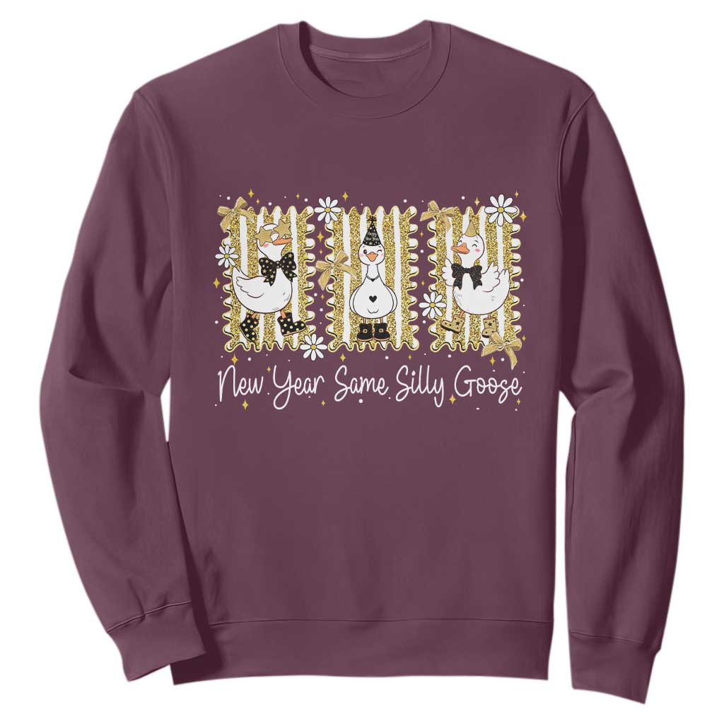 Funny New Year Same Silly Goose Sweatshirt New Year Eve Goose Squad Faux Glitter TS11 Maroon Print Your Wear