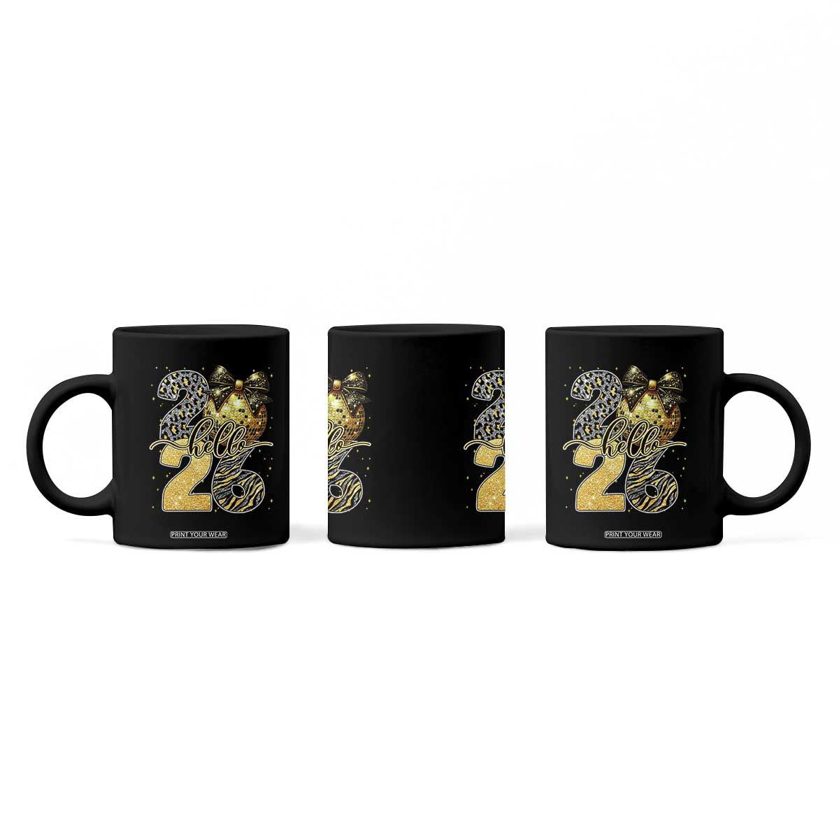 Happy New Year 2026 Coffee Mug Hello 2026 Disco Ball Coquette Bow Faux Glitter TS11 Print Your Wear