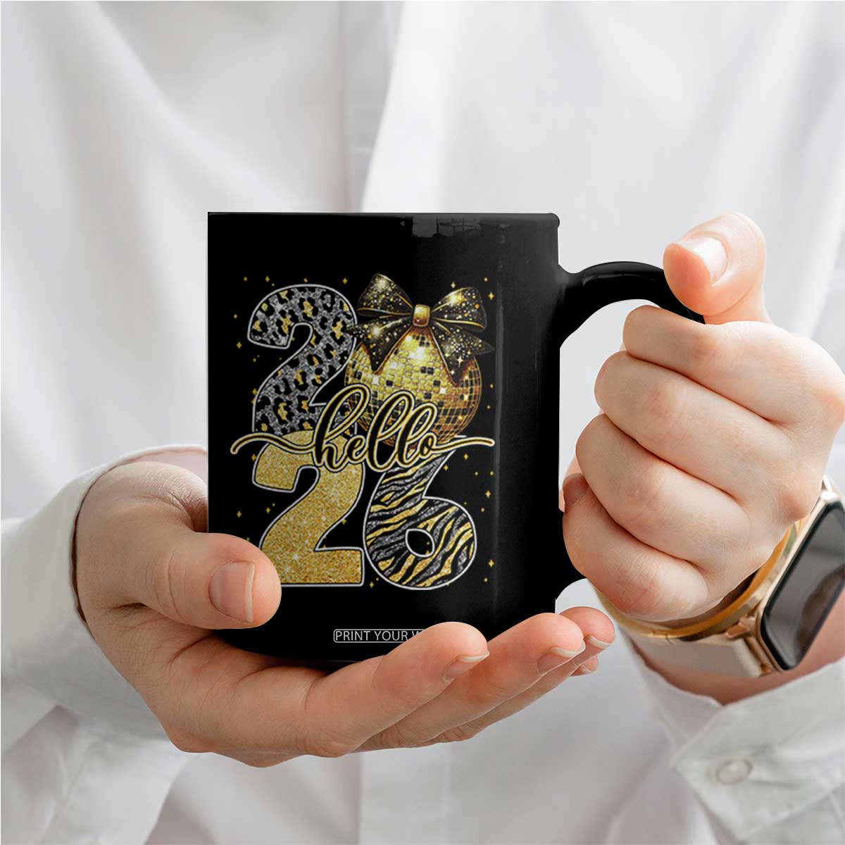Happy New Year 2026 Coffee Mug Hello 2026 Disco Ball Coquette Bow Faux Glitter TS11 Print Your Wear