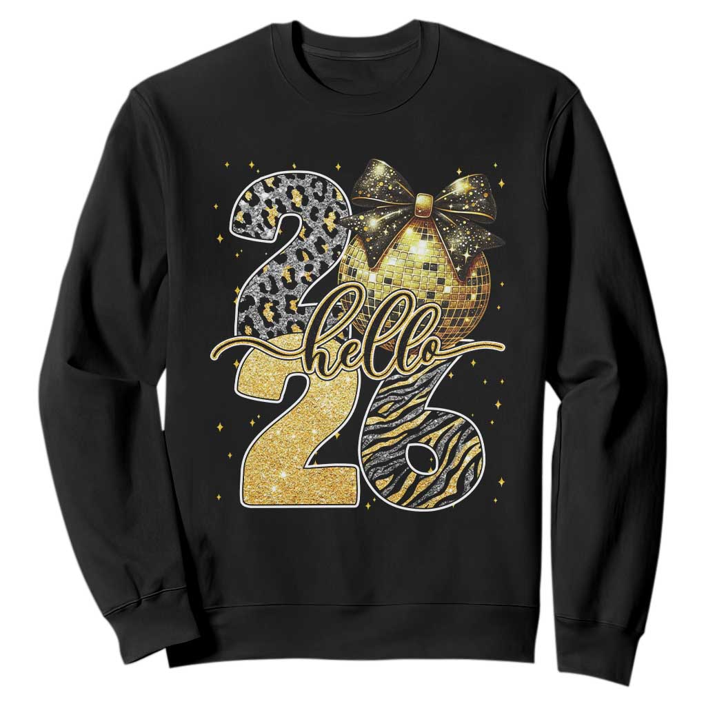 Happy New Year 2026 Sweatshirt Hello 2026 Disco Ball Coquette Bow Faux Glitter TS11 Black Print Your Wear