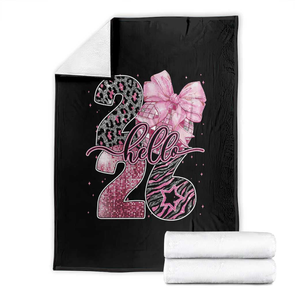 Happy New Year 2026 Throw Blanket Hello 2026 Disco Ball Pink Coquette Bow Faux Glitter TS11 Black Print Your Wear