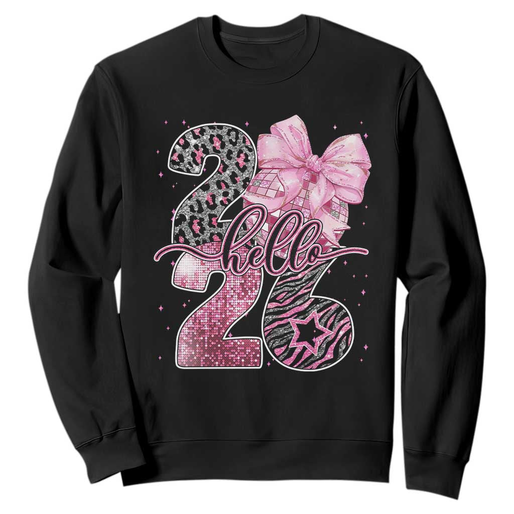 Happy New Year 2026 Sweatshirt Hello 2026 Disco Ball Pink Coquette Bow Faux Glitter TS11 Black Print Your Wear