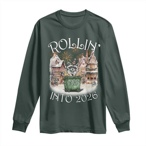Funny Raccoon Rollin Into 2026 Long Sleeve Shirt New Year Dumpster Fire Firework TS11 Dark Forest Green Print Your Wear