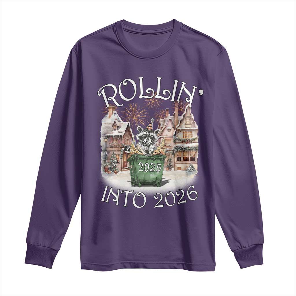 Funny Raccoon Rollin Into 2026 Long Sleeve Shirt New Year Dumpster Fire Firework TS11 Purple Print Your Wear