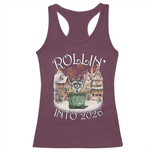 Funny Raccoon Rollin Into 2026 Racerback Tank Top New Year Dumpster Fire Firework TS11 Maroon Print Your Wear
