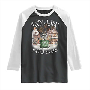 Funny Raccoon Rollin Into 2026 Raglan Shirt New Year Dumpster Fire Firework TS11 Black White Print Your Wear