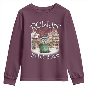 Funny Raccoon Rollin Into 2026 Youth Sweatshirt New Year Dumpster Fire Firework TS11 Maroon Print Your Wear