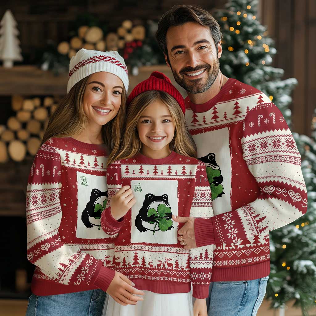 Funny Grumpy Frog Japanese St Patricks Day Ugly Christmas Sweater TS11 Red Beige Print Your Wear