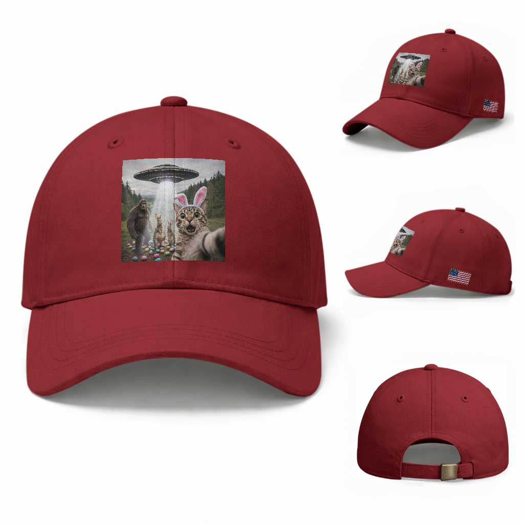 Funny Cat Selfie with Easter Bunny Bigfoot UFO Baseball Cap TS11 Baseball Cap Universal Fit Cherry Red Print Your Wear