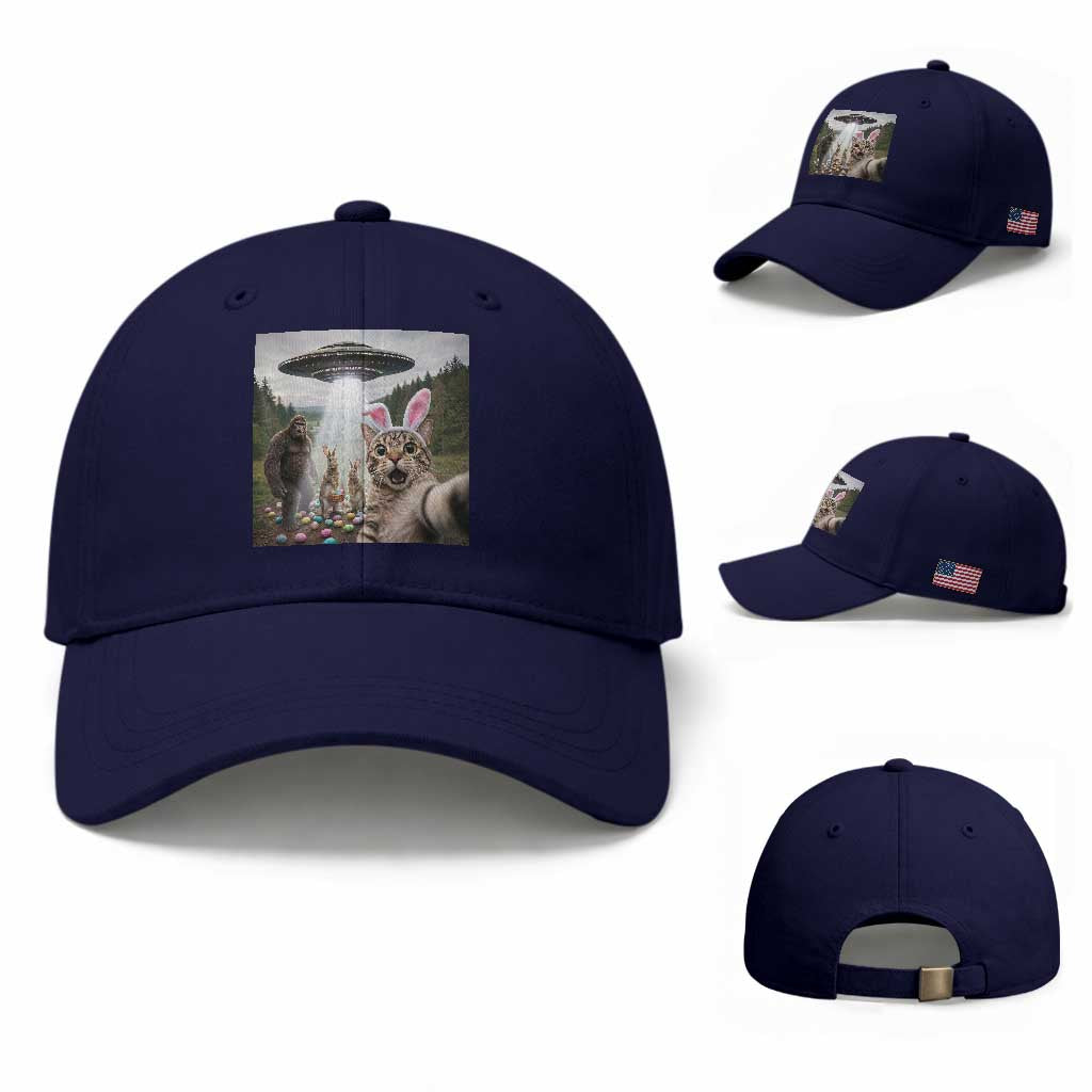 Funny Cat Selfie with Easter Bunny Bigfoot UFO Baseball Cap TS11 Baseball Cap Universal Fit Dark Blue Print Your Wear