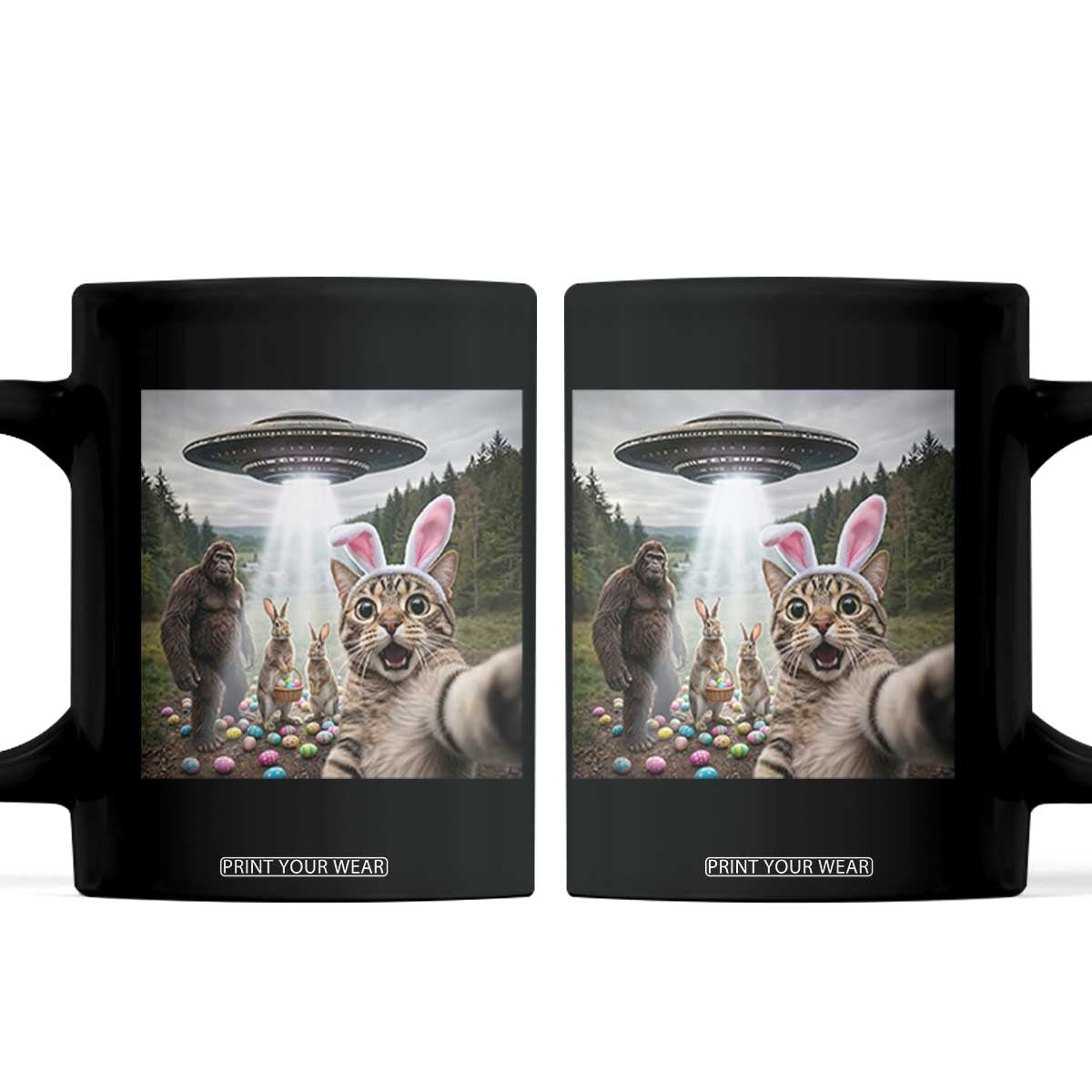 Funny Cat Selfie with Easter Bunny Bigfoot UFO Coffee Mug TS11 Black Print Your Wear