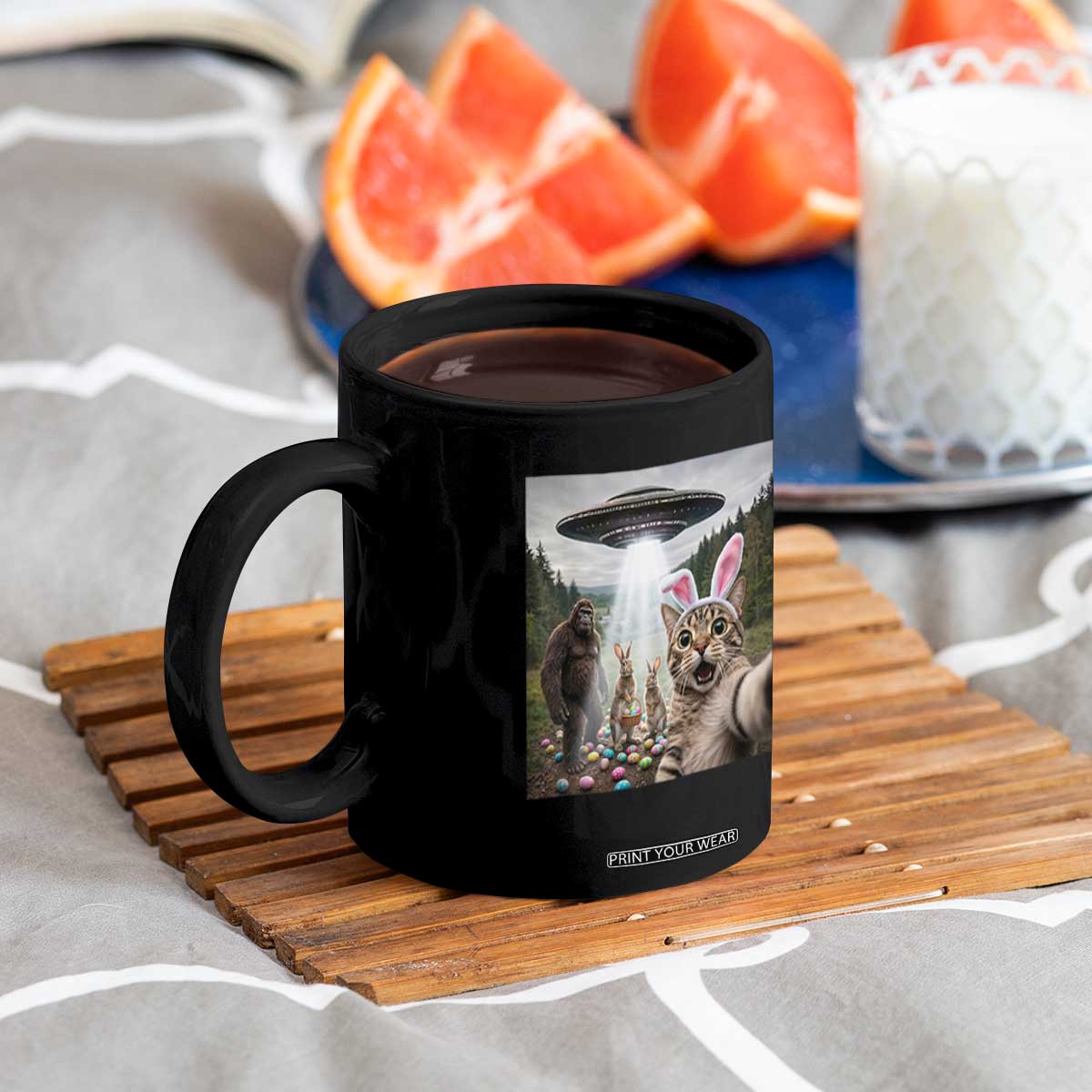 Funny Cat Selfie with Easter Bunny Bigfoot UFO Coffee Mug TS11 Print Your Wear