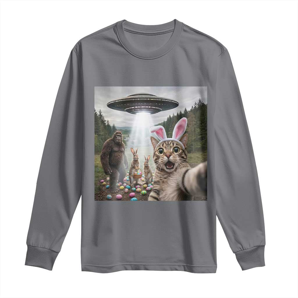 Funny Cat Selfie with Easter Bunny Bigfoot UFO Long Sleeve Shirt TS11 Charcoal Print Your Wear