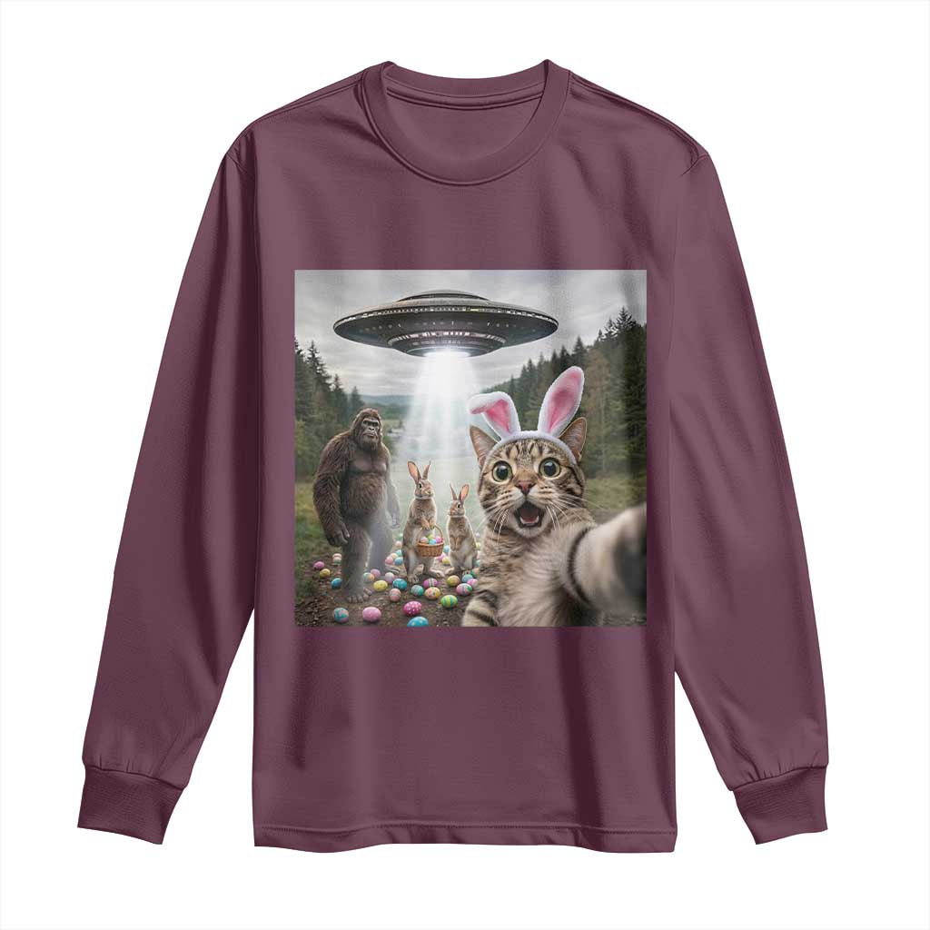 Funny Cat Selfie with Easter Bunny Bigfoot UFO Long Sleeve Shirt TS11 Maroon Print Your Wear